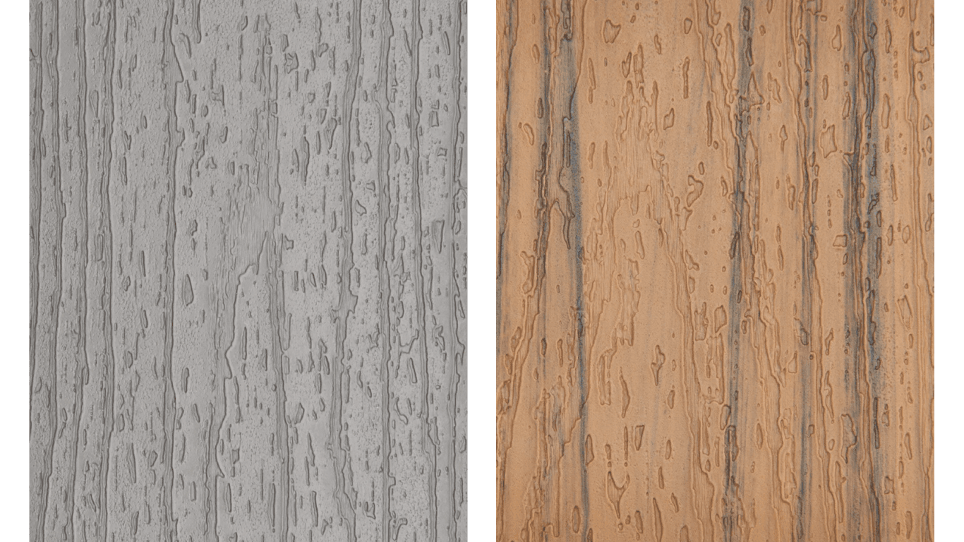Close-up of Trex Enhance decking boards in Golden Hour and Pebble Beach, displayed side by side to show the warm golden-brown and cool gray color tones with realistic wood-grain textures and natural composite finishes.