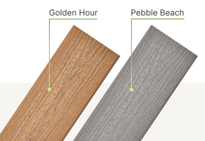 Two Trex Enhance 2025 decking boards side by side: Golden Hour on the left with warm golden-brown tones, Pebble Beach on the right with soft gray tones, labeled with their color names.